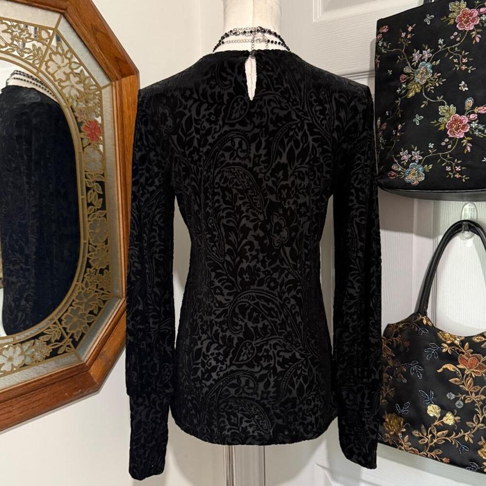Lauren Ralph Lauren Black Velvet Burnout Paisley Long Sleeve High Neck Goth Top - Picture 5 of 8